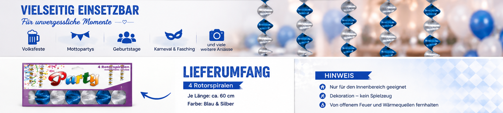 Blau-silberne Rotorspiralen für Volksfest, Mottoparty, Geburtstag und Karneval
